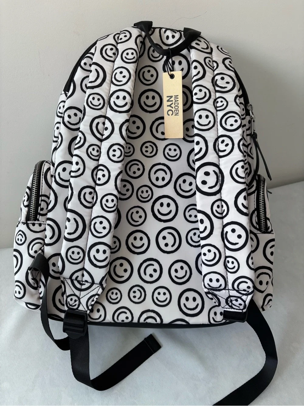 Madden NYC nylon backpacks Smiley Print White & Black Backpack - Designer Style